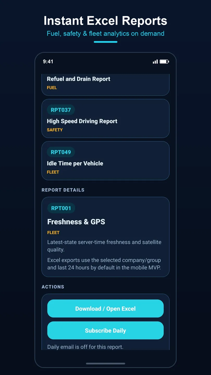 Fleet Radar report catalogue listing fuel, safety, and fleet reports with Excel export
