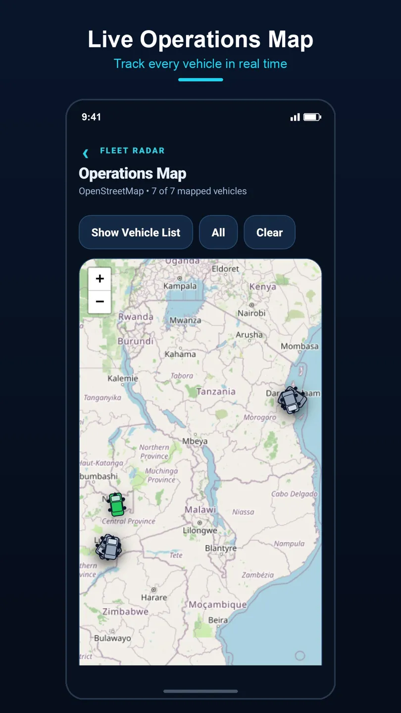 Fleet Radar operations map showing tracked vehicles across the Zambia, Tanzania, and Mozambique corridor