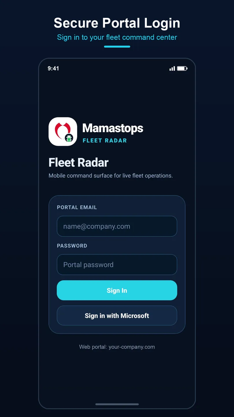 Fleet Radar sign-in screen with portal email, password, and sign in with Microsoft